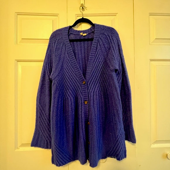 Athropologie Moth Size L Blue Ribbed Knit Long Sweater Cardigan Oversized - Picture 3 of 8
